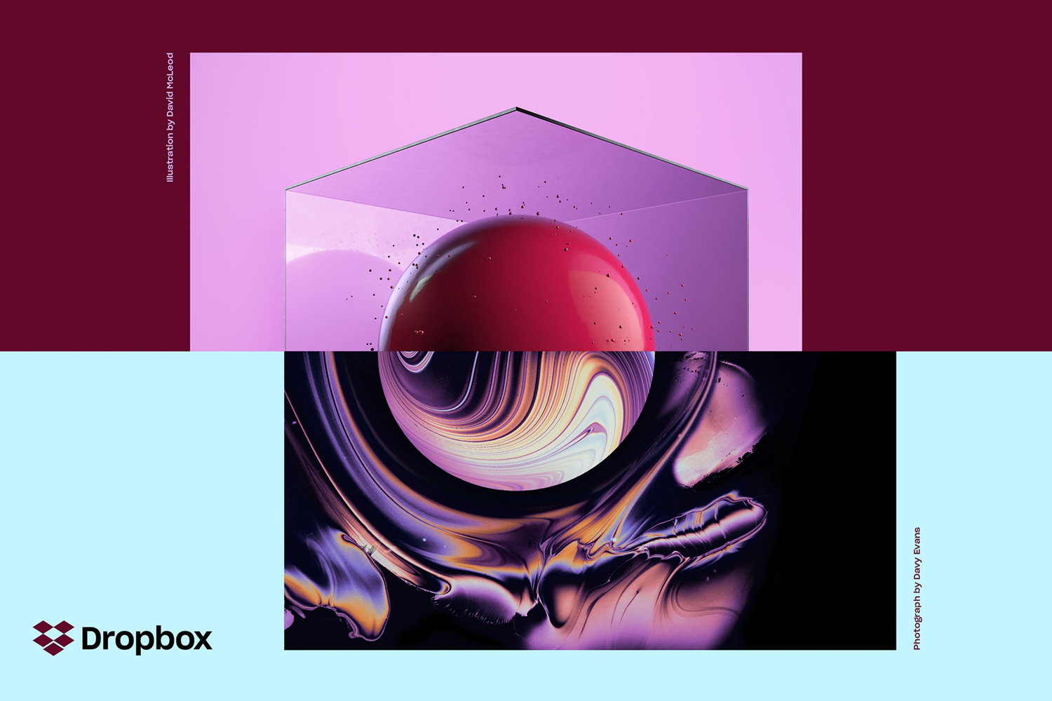 Split composition featuring a glossy red sphere inside a transparent glass cube over a dark marbled swirling sphere.