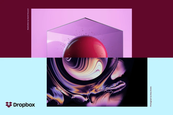 Split composition featuring a glossy red sphere inside a transparent glass cube over a dark marbled swirling sphere.