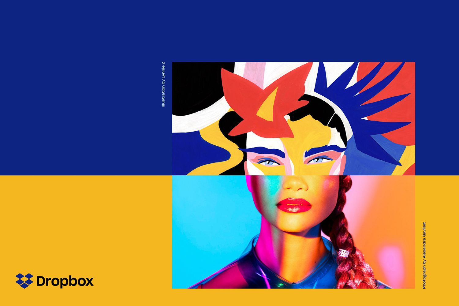 Dropbox brand identity split composition featuring an illustrated face above and a vibrant photographic portrait below