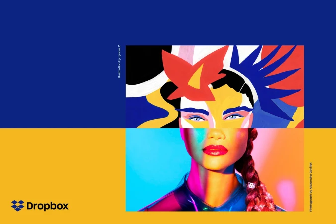 Dropbox brand identity split composition featuring an illustrated face above and a vibrant photographic portrait below
