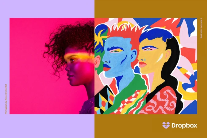 Split composition showing a woman profile portrait beside a colorful illustrated painting of multiple figures.