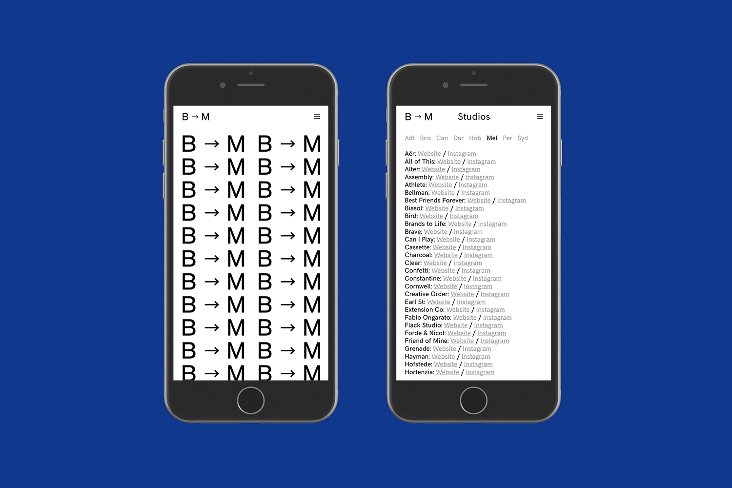 Two smartphones displaying mobile website interface designs with minimalist typography against a blue background.