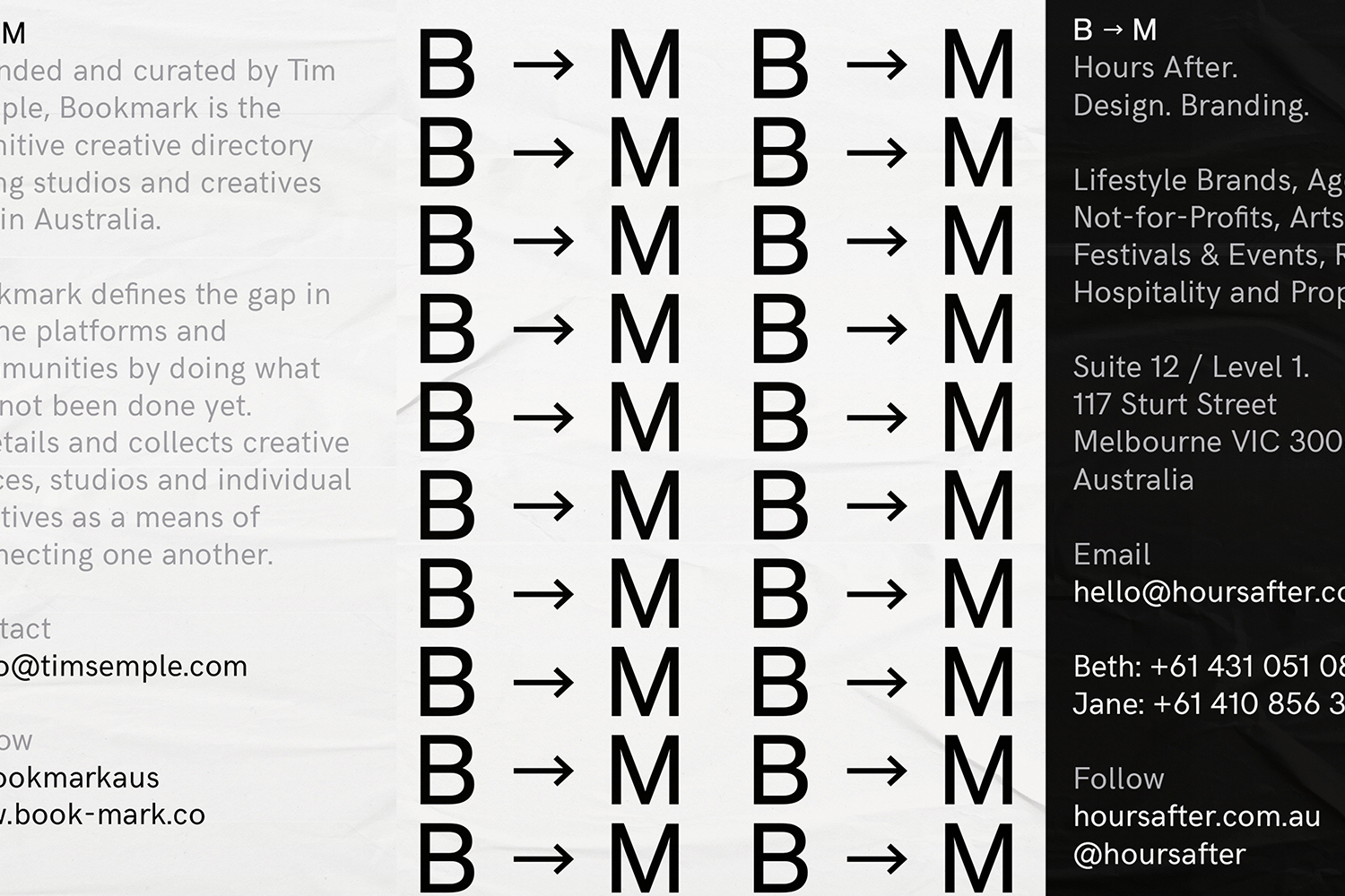 Graphic design brand identity layout featuring repeating typographic B to M logo motifs on textured white and black panels.