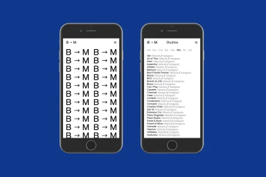 Two smartphones displaying mobile website interface designs with minimalist typography against a blue background.