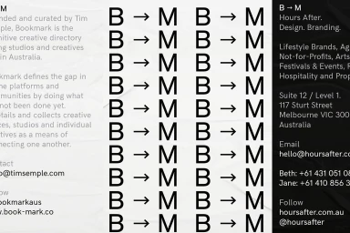Graphic design brand identity layout featuring repeating typographic B to M logo motifs on textured white and black panels.