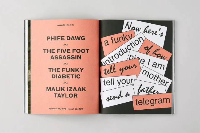 Open magazine spread for Brick Magazine featuring typographic tribute pages with peach and white paper slip inserts.