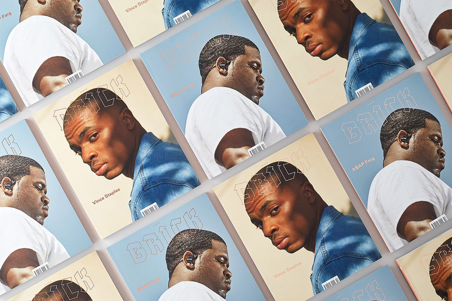 Multiple copies of Brick Magazine featuring portrait covers of Black men in white t shirts and denim jackets arranged in a flat lay.