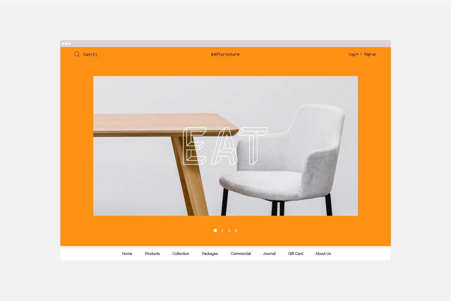 Website mockup for Eat Furniture featuring an orange header and navigation with a wooden table and white upholstered chair.