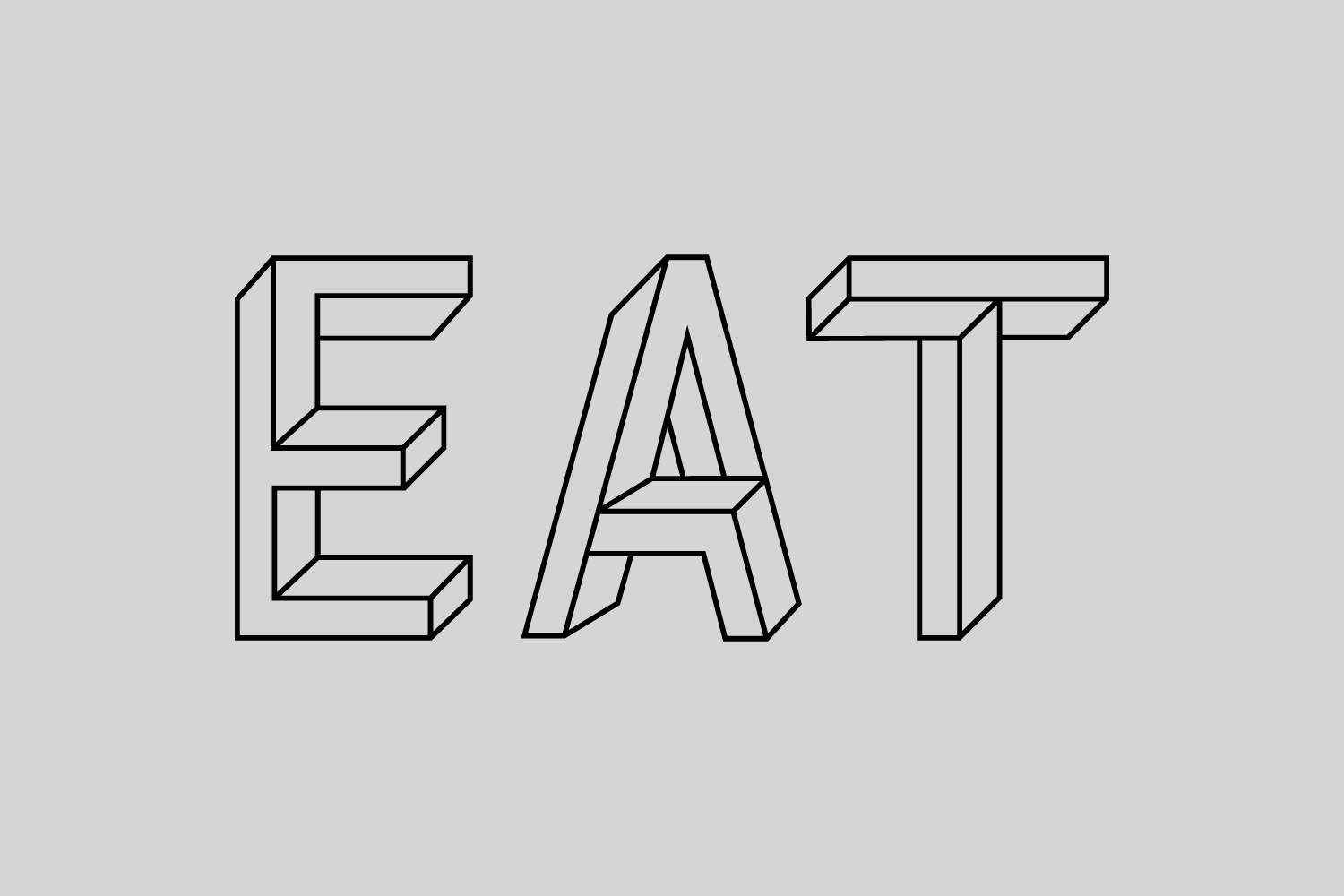 Minimalist graphic design featuring the word EAT in bold black outline typography on a solid grey background