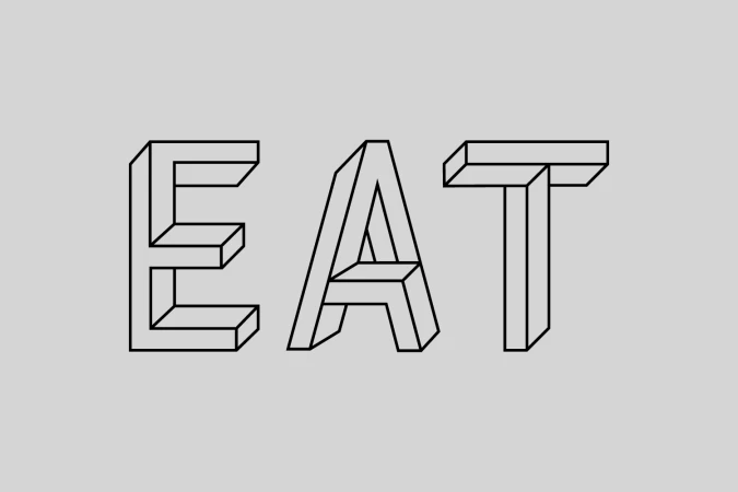 Minimalist graphic design featuring the word EAT in bold black outline typography on a solid grey background