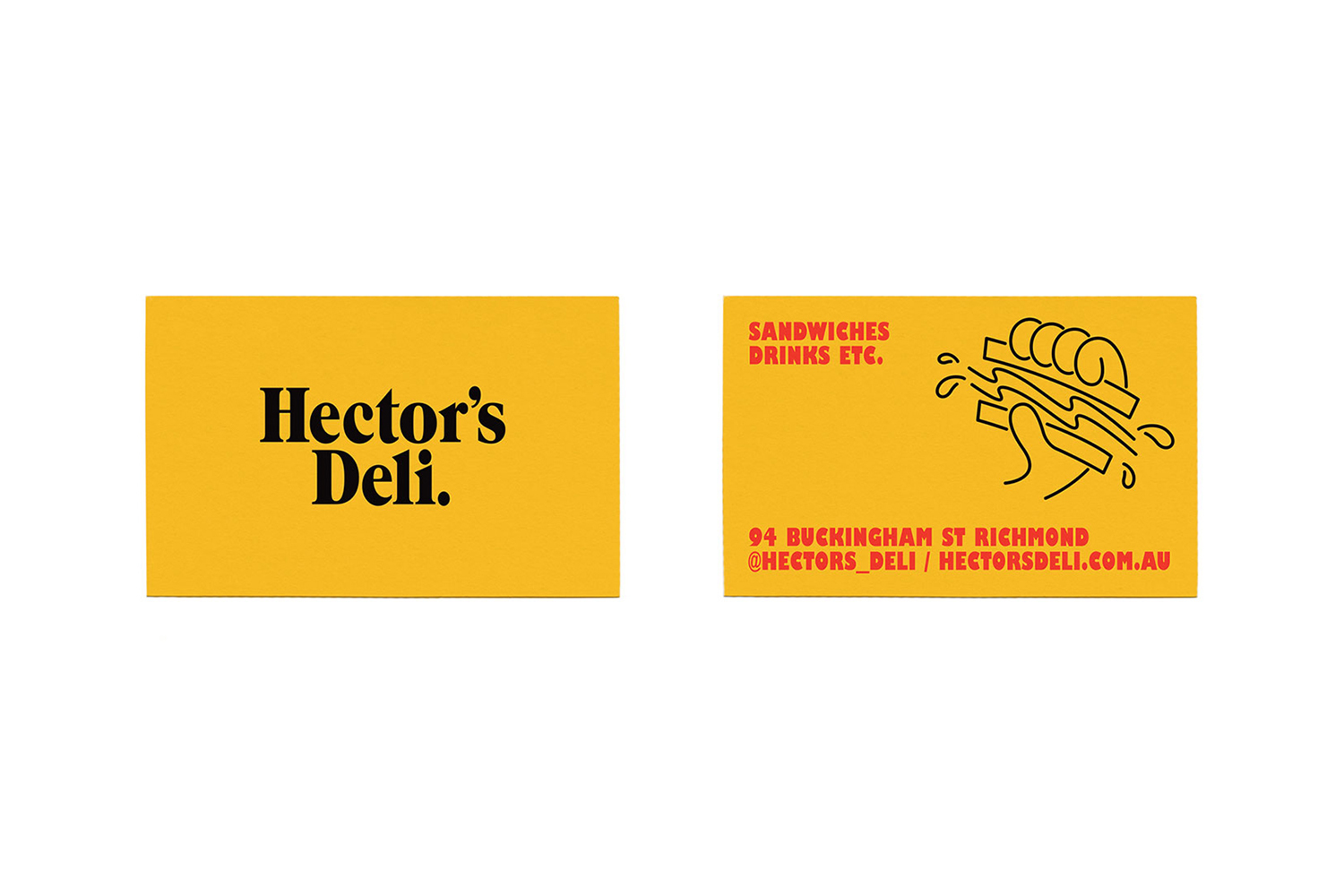 Two yellow business cards for Hector's Deli with black serif typography on the front and red text and a line drawing on the back.