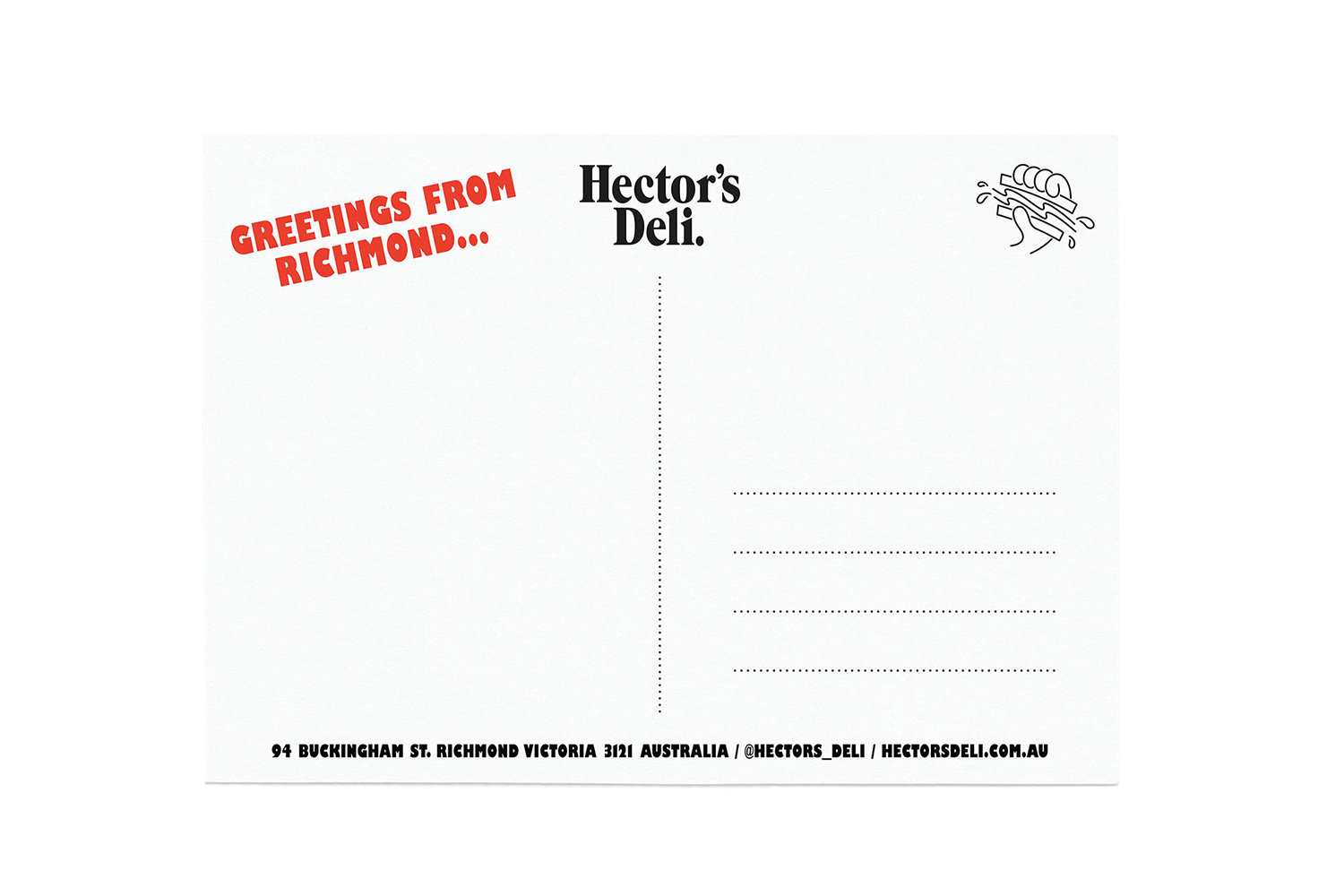 Postcard brand identity design for Hector's Deli featuring Greetings From Richmond text and an address grid against a white background.