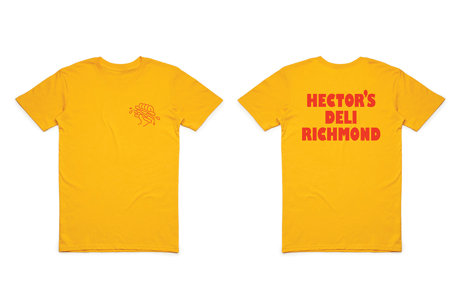 Front and back views of a bright yellow t-shirt featuring red text and a graphic illustration for Hector's Deli Richmond.