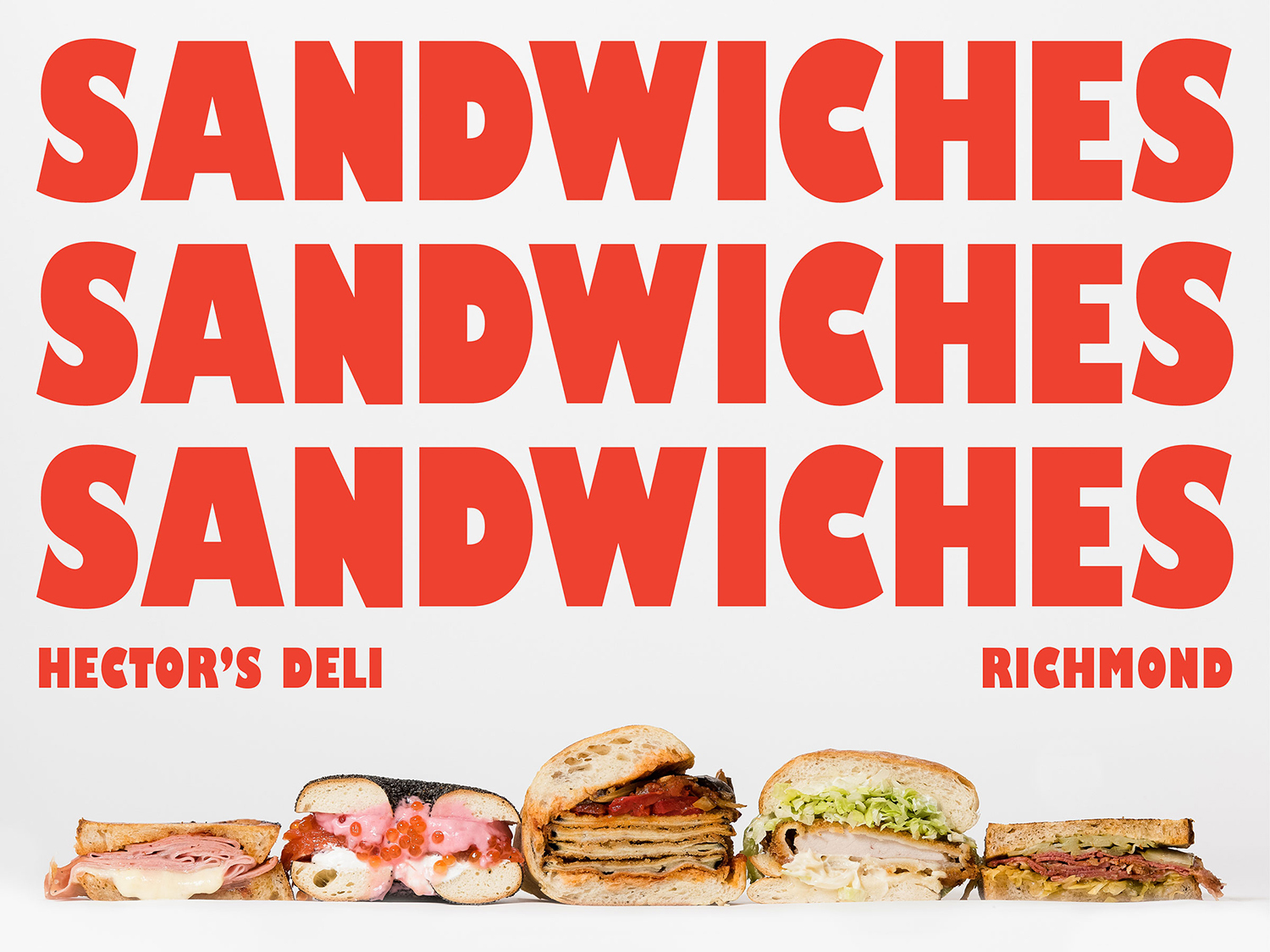 Line-up of five different filled sandwiches and bagels against a clean white background with bold red typography reading SANDWICHES.