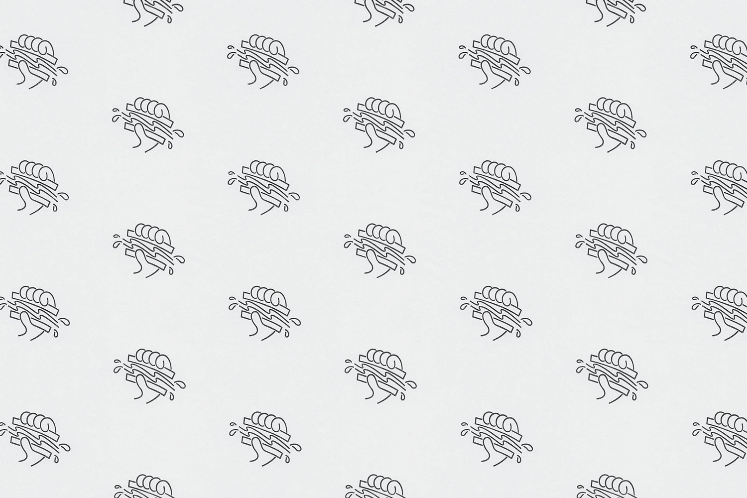 Repeating black line illustration pattern of a hand holding a layered sandwich on light grey background