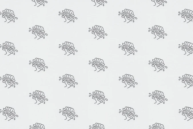 Repeating black line illustration pattern of a hand holding a layered sandwich on light grey background