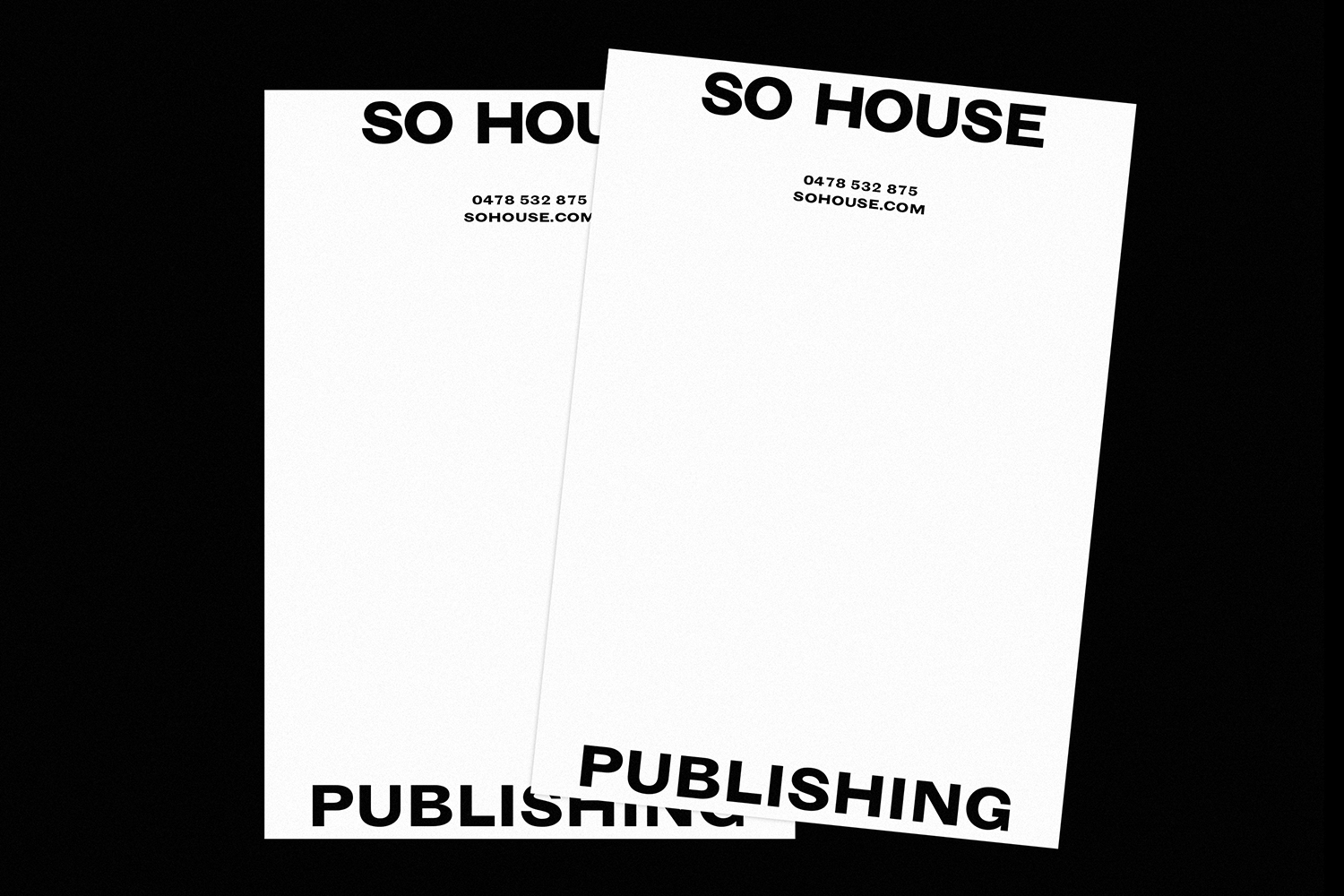Two white letterhead papers with black typography reading SO HOUSE and PUBLISHING against a black background.