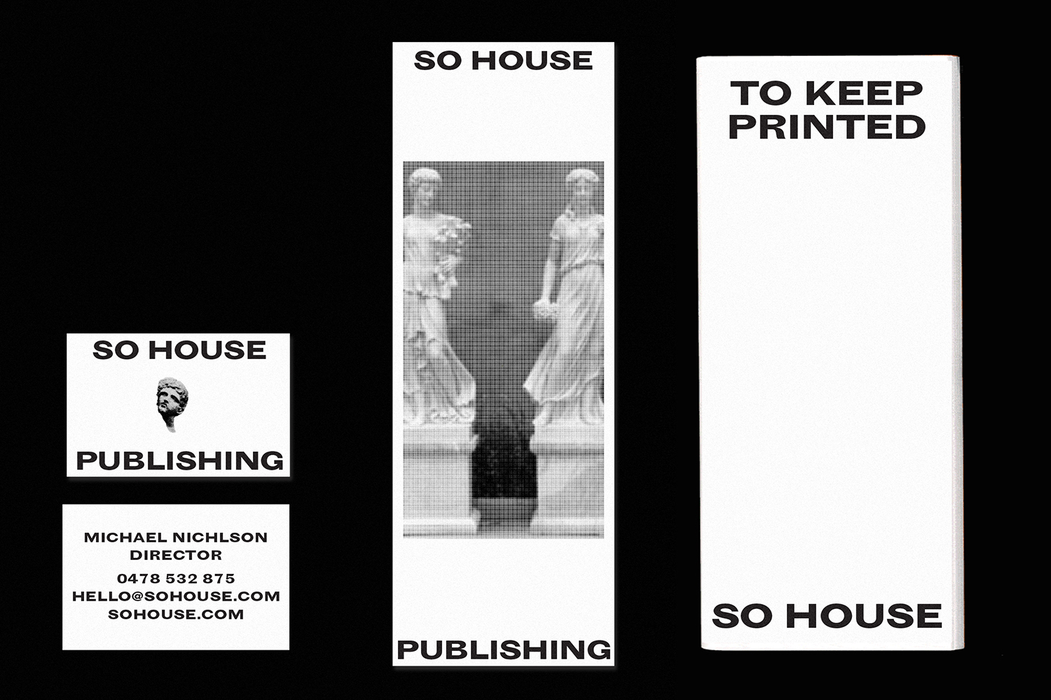 Monochrome graphic design elements and business card mockups for Soho House brand identity featuring classical statues