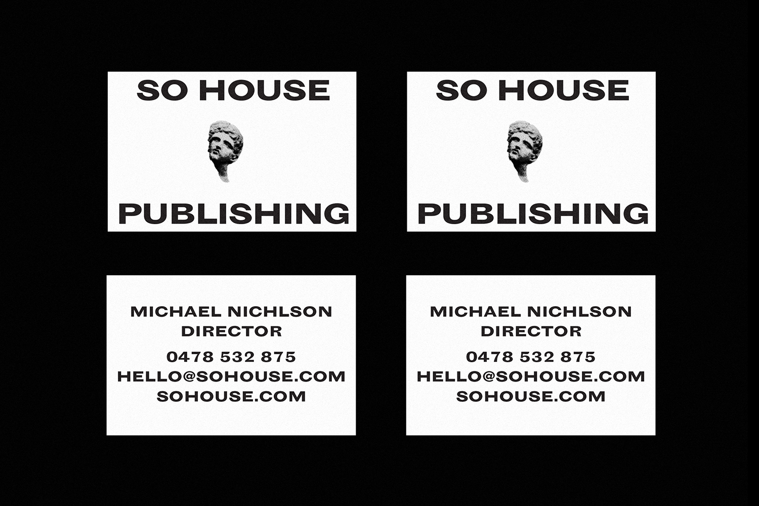Monochrome brand identity design for Soho House Publishing featuring business card layouts on a black background