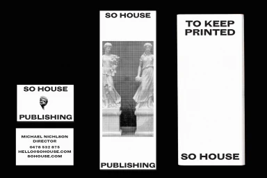 Monochrome graphic design elements and business card mockups for Soho House brand identity featuring classical statues