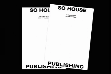 Two white letterhead papers with black typography reading SO HOUSE and PUBLISHING against a black background.