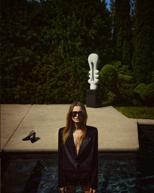 A woman in a black blazer stands in a pool with high heels and a modern sculpture nearby, set against a backdrop of green trees.