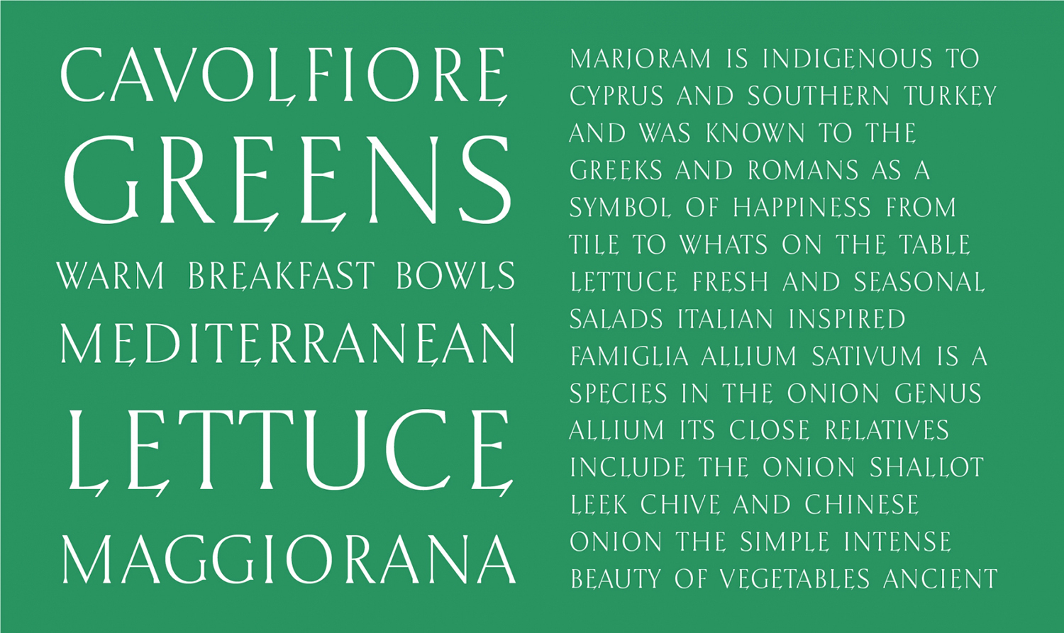 Typography layout on a solid green background featuring white serif text with culinary and botanical names.