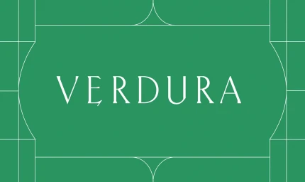 Verdura brand identity typography featuring white serif letters on a rich green background with thin geometric framing lines.