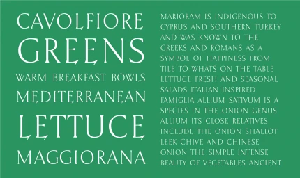 Typography layout on a solid green background featuring white serif text with culinary and botanical names.