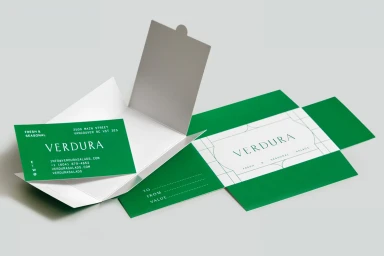 Verdura brand identity packaging with a green business card inside an open white box beside a green layout panel on a light grey background