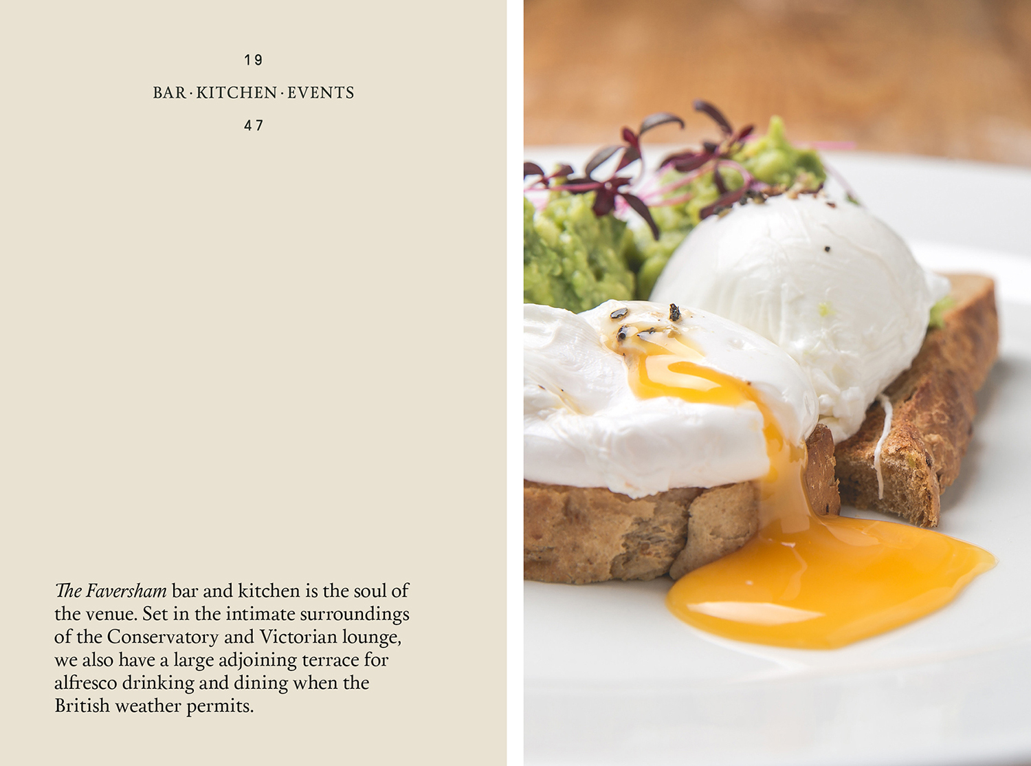 Poached eggs on toast with avocado garnish on a white plate next to a text panel for The Faversham Brand Identity