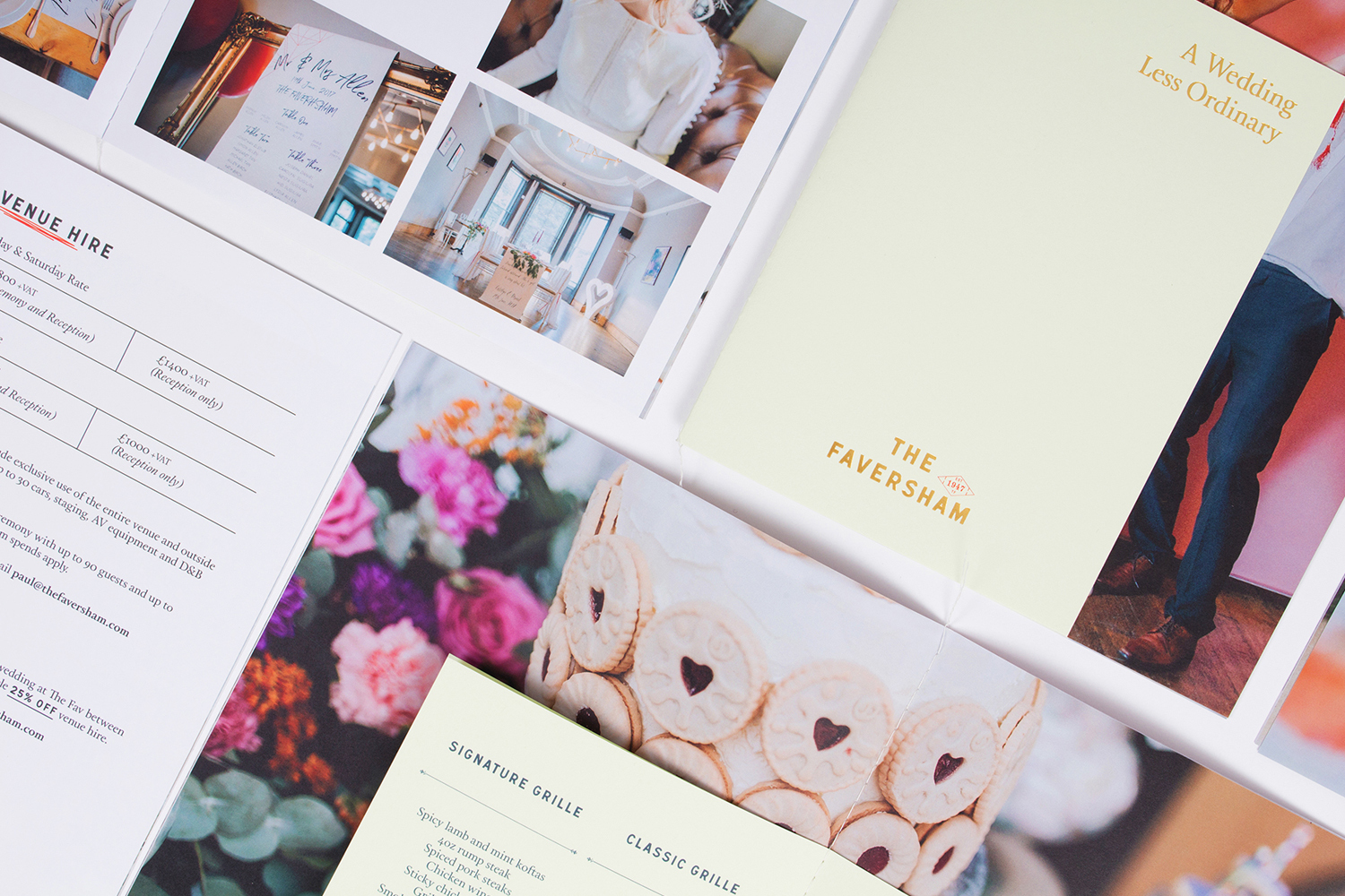 Flat lay of printed brand identity collateral for The Faversham showing menus, brochures, and photography.