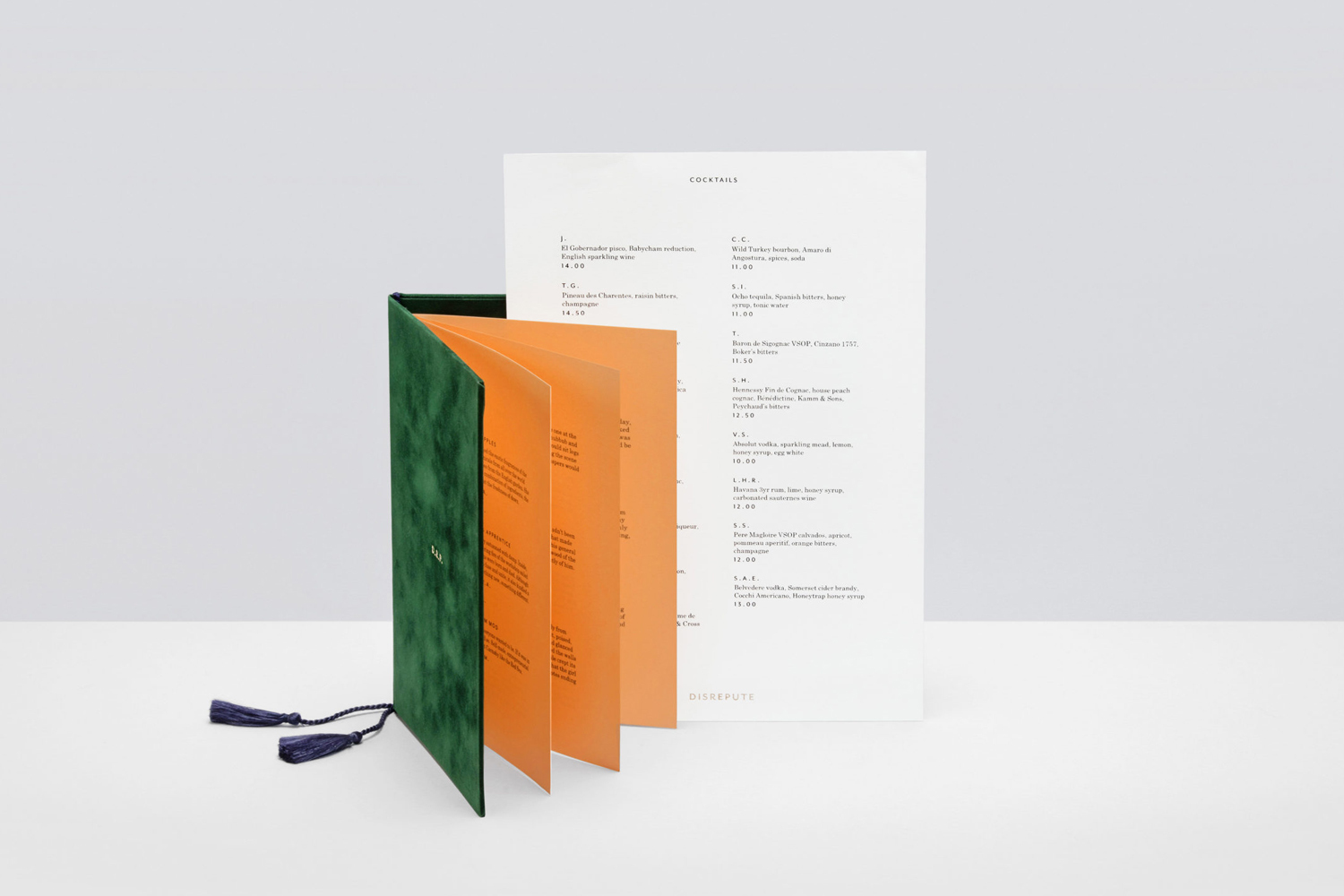 Green velvet bound cocktail menu with orange pages and a white paper insert for Disrepute by Two Times Elliott