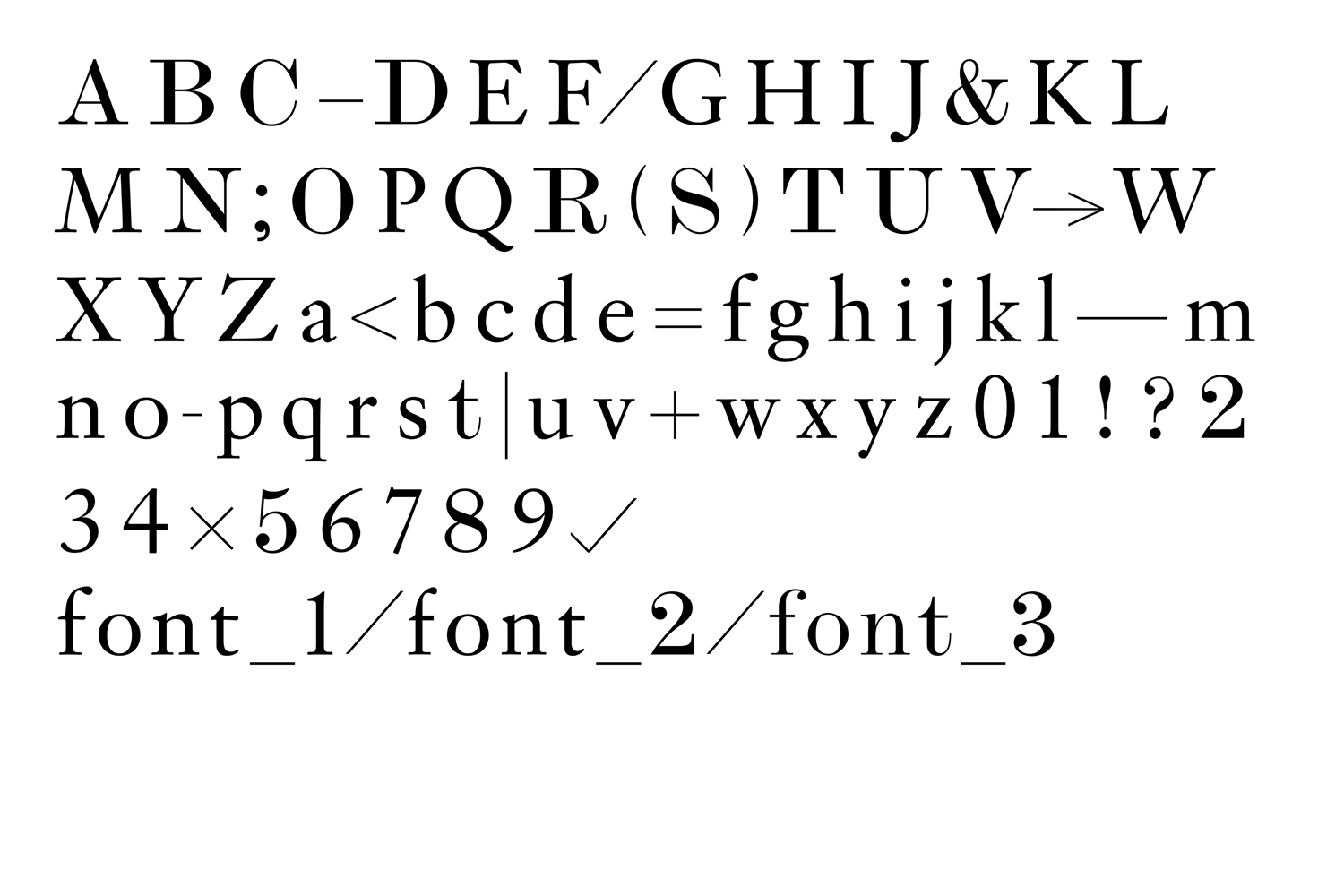 Typography specimen showing uppercase and lowercase alphabet letters, numbers, and symbols in a serif font