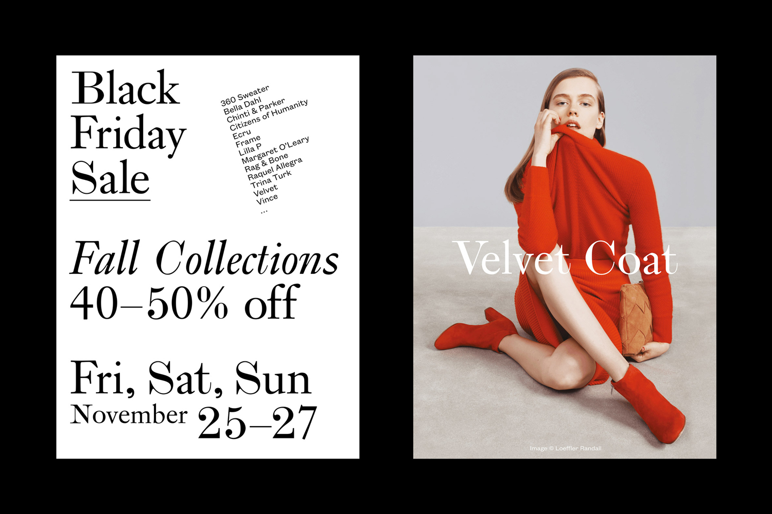 A diptych featuring bold black typography advertising Black Friday sale on the left and a model in a red sweater holding a clutch on the right.
