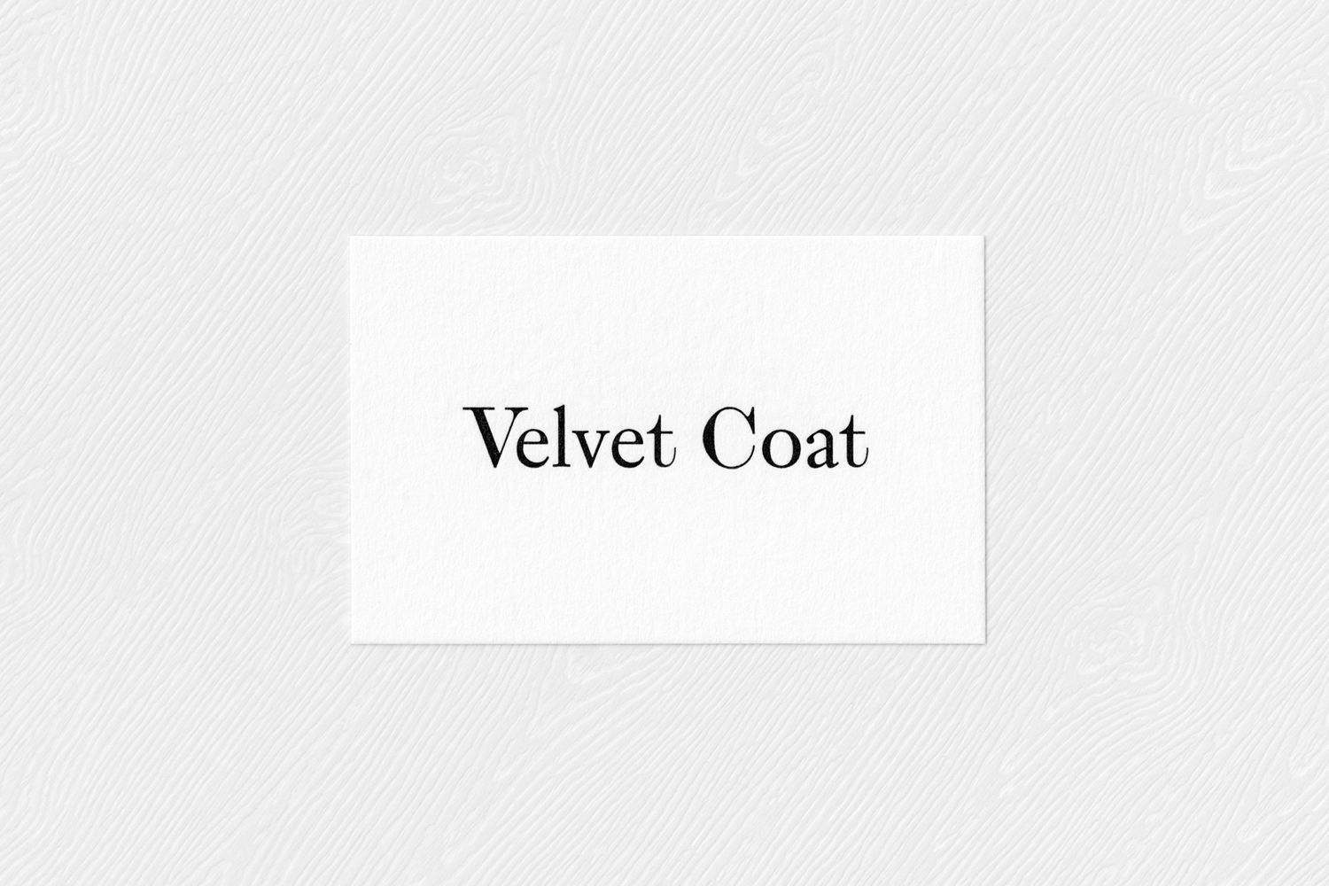 A white rectangular business card displaying the brand name Velvet Coat in clean black serif typography against a pale wood texture