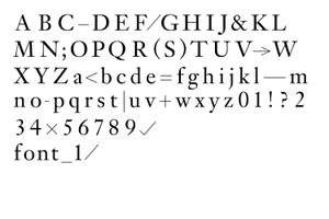 Typography specimen showing uppercase and lowercase alphabet letters, numbers, and symbols in a serif font