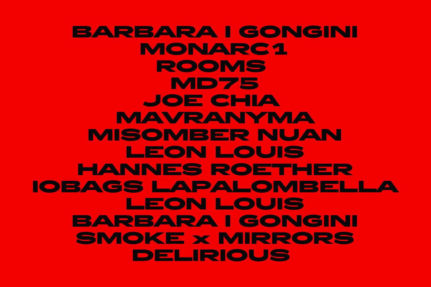 Bold red graphic design brand identity layout featuring centered black bold sans-serif text listing multiple designer names