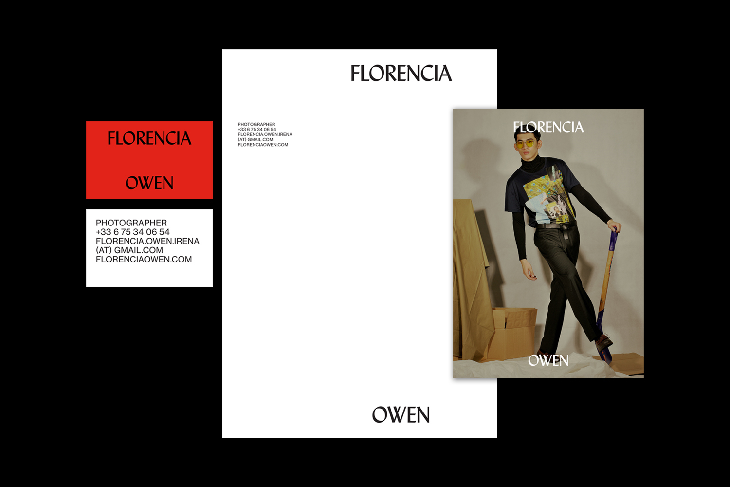 Florencia Owen brand identity showcase featuring a red business card and a photographic portrait against a white background
