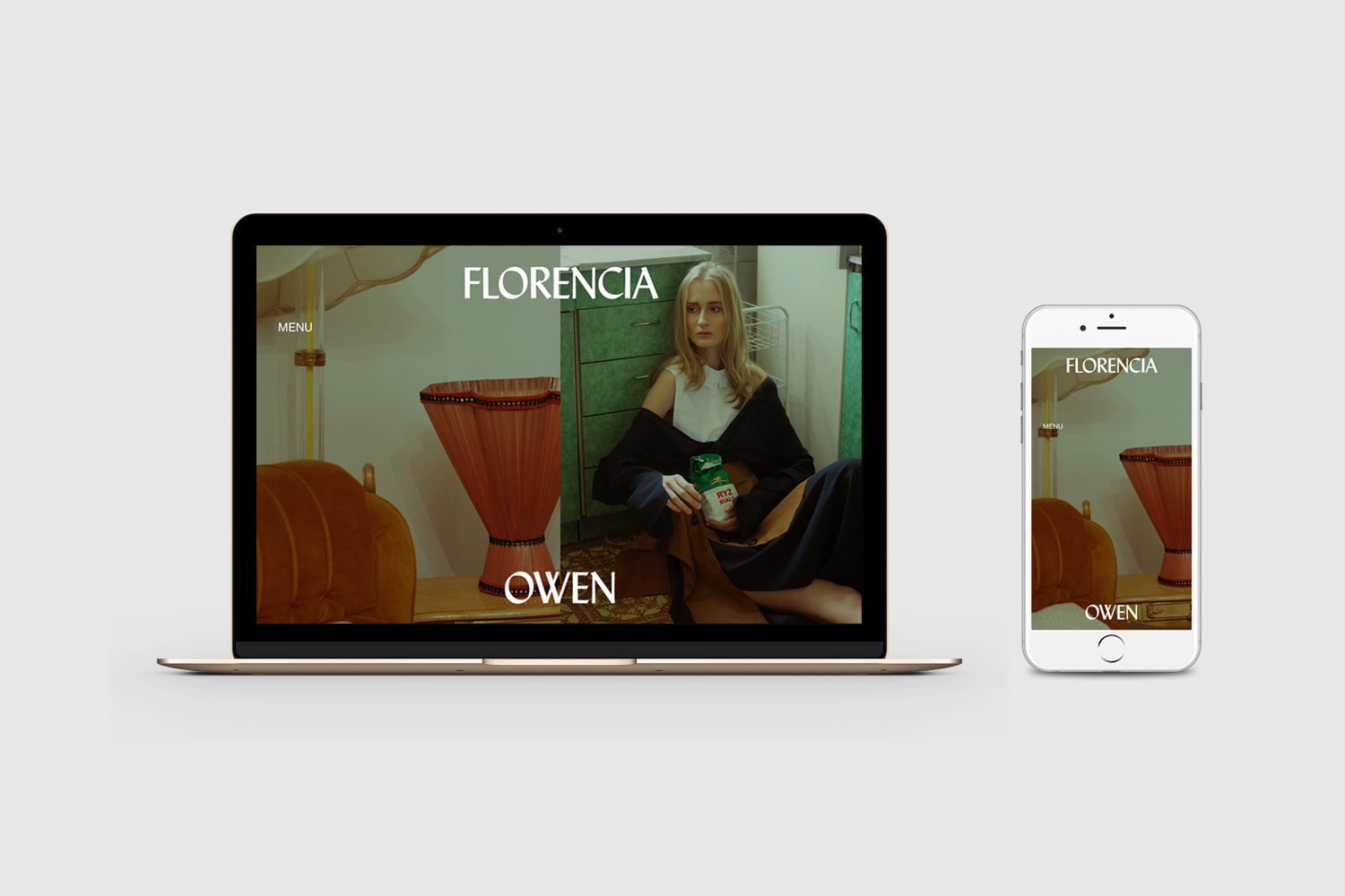 Mockup of Florencia Owen brand identity displayed on a laptop screen and smartphone against a plain grey background