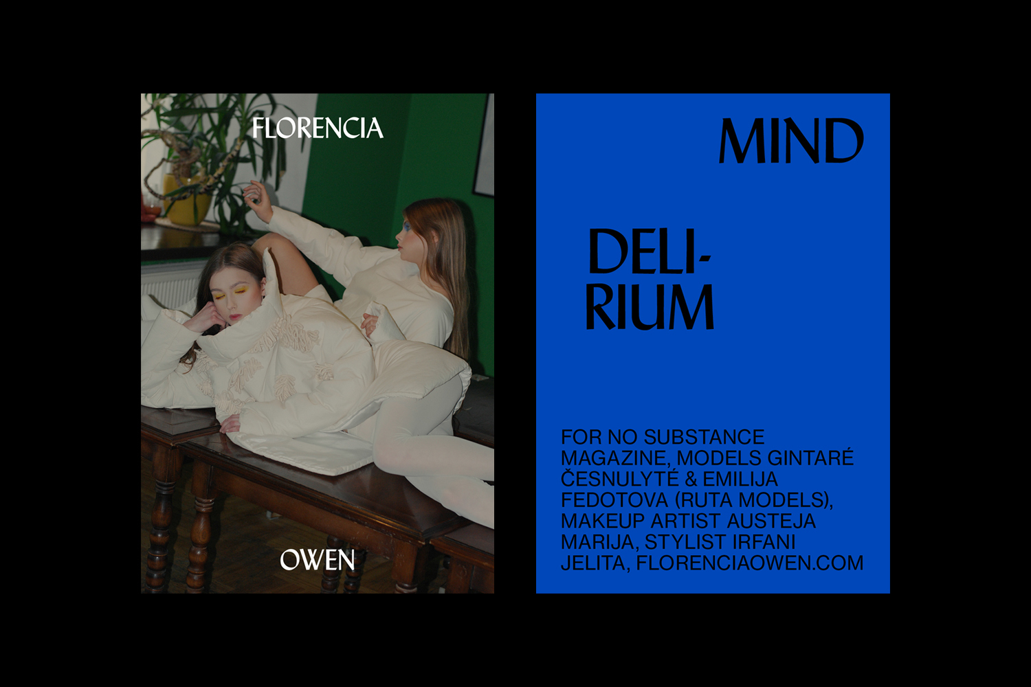 Graphic design layout featuring two women in white textured coats on a wooden table alongside a bold blue panel with typography.