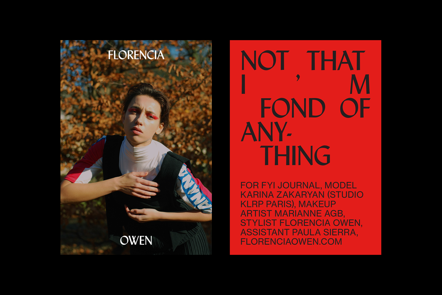 Diptypt image showing a portrait of a woman outdoors on left and bold black typography on red background on right for Florencia Owen brand identity.