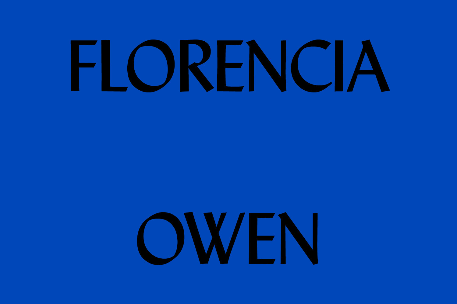 Florencia Owen brand identity featuring black serif typography centered on a solid royal blue background