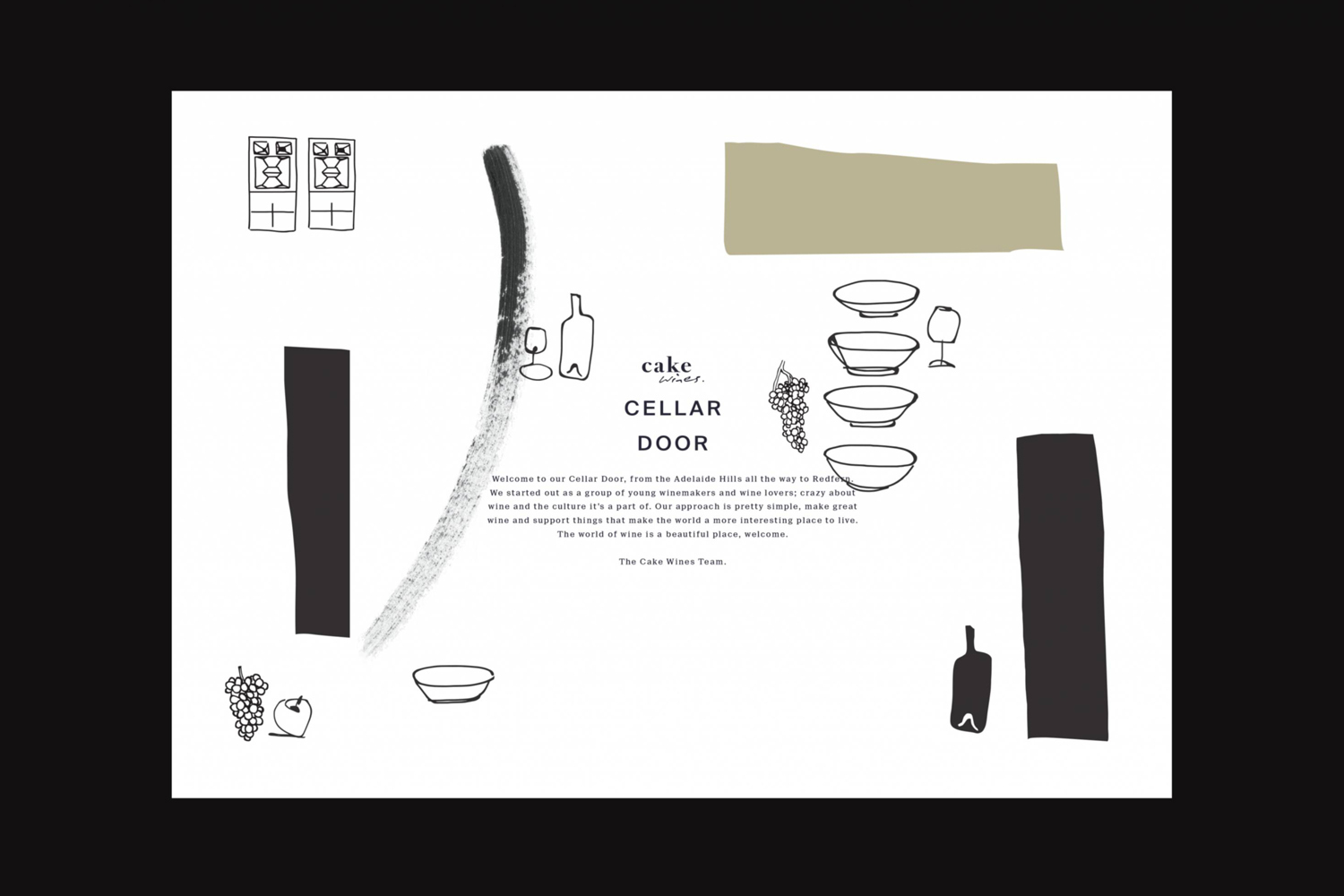 Graphic design brand identity layout for Cake Wines Cellar Door with minimalist illustrations and typography.