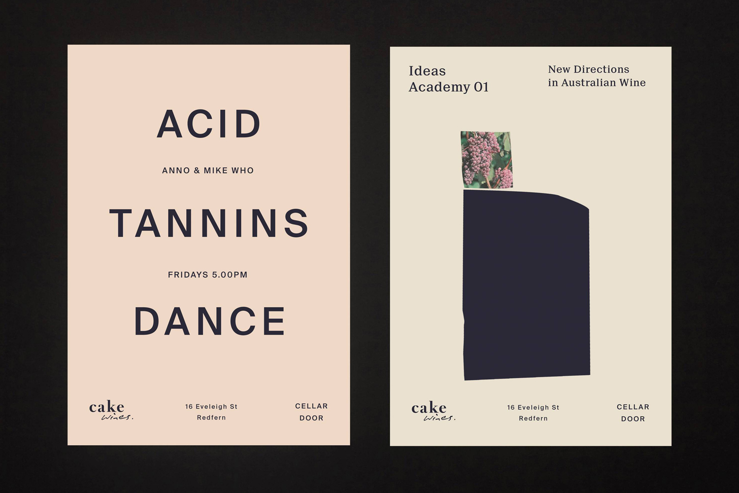 Two minimalist graphic design posters for Cake Wines displayed against a dark background, featuring bold typography and abstract shapes.