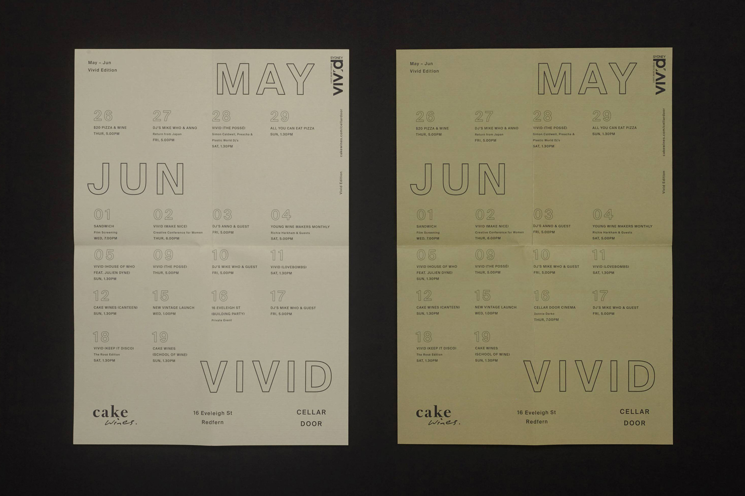 Two printed calendar sheets featuring minimalist typography and event schedules for Cake Wines against a dark background.