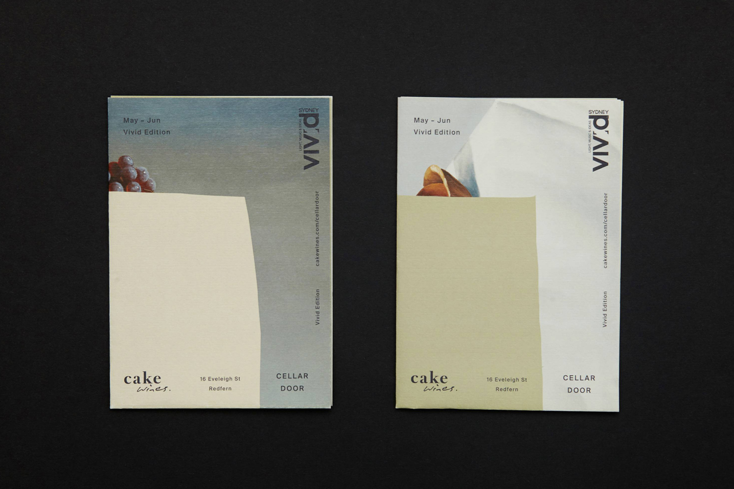 Two printed brochures for Cake Wines set against a dark background, showcasing graphic design by Zé Studio.