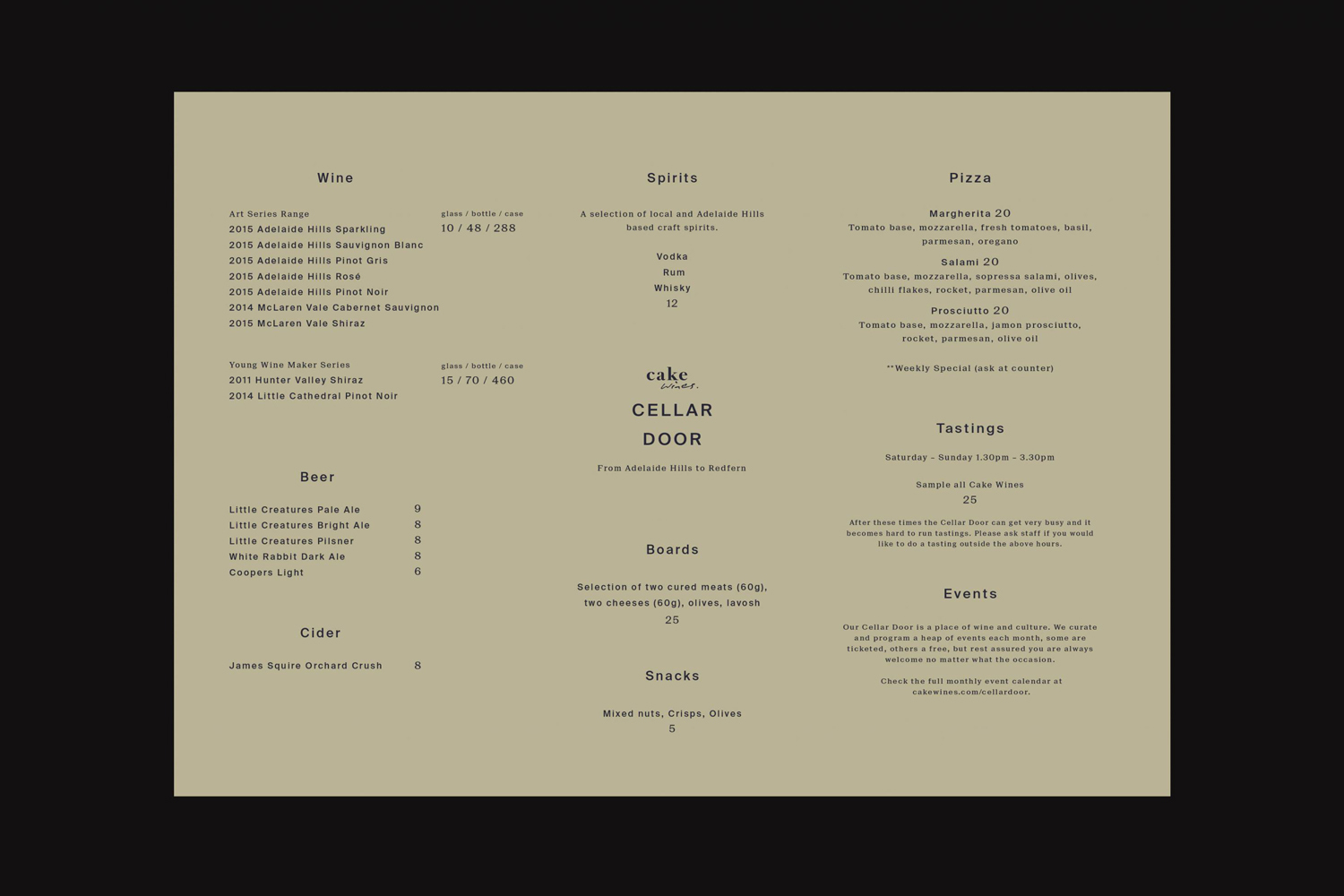 Minimalist menu layout for Cake Wines Cellar Door with clear typography on a pale olive green background