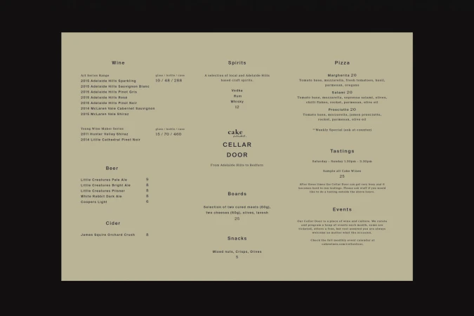Minimalist menu layout for Cake Wines Cellar Door with clear typography on a pale olive green background