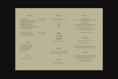 Minimalist menu layout for Cake Wines Cellar Door with clear typography on a pale olive green background